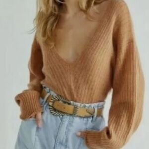 Free People 100% Cashmere Cropped Sweater Ribbed Oversized Off Shoulder Soft XS